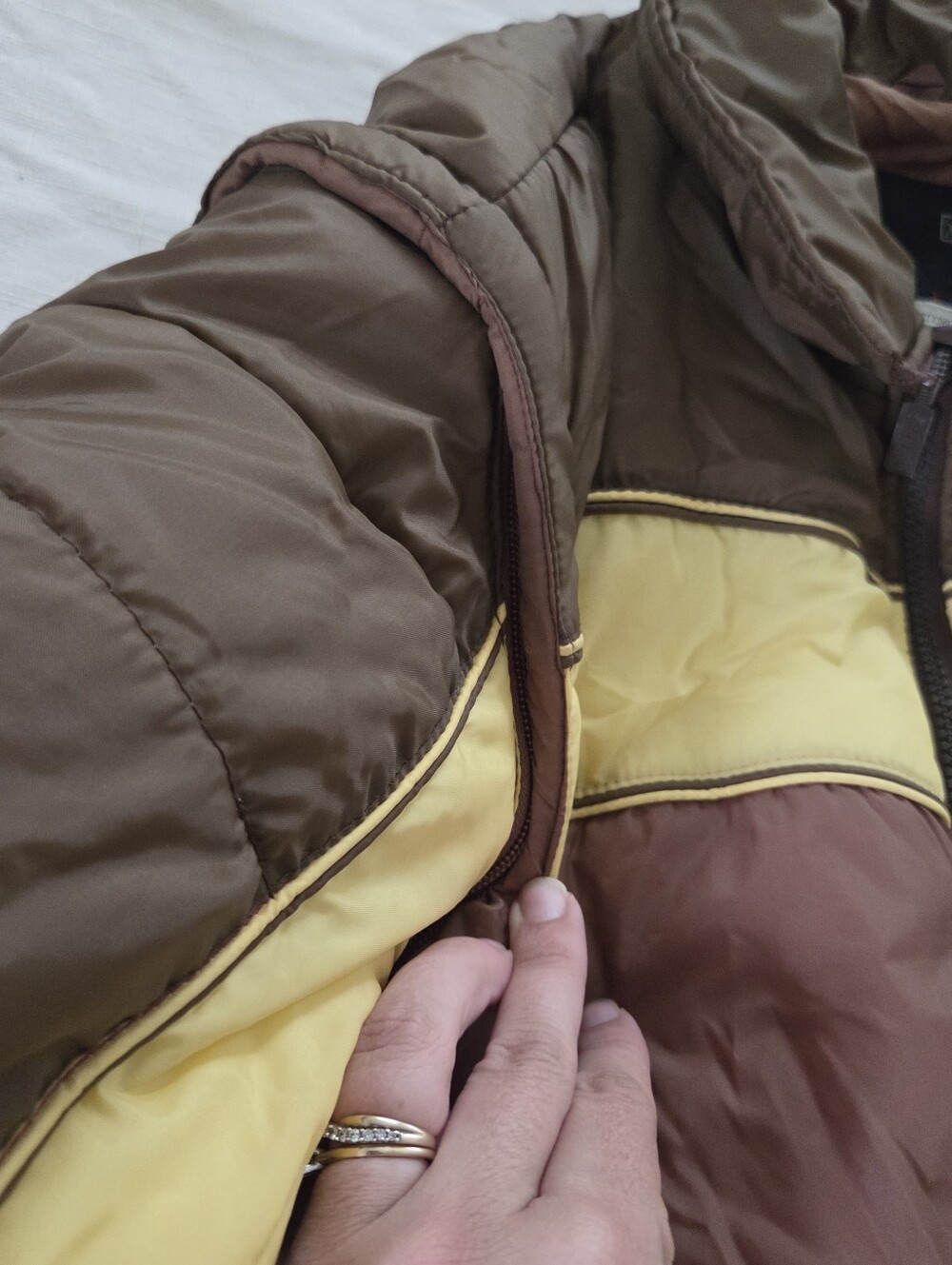 Vintage Men's Brown & Yellow Colorblock Puffer Jacket XL Neutral - Picture 5 of 14